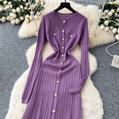 Brand Fashion Aesthetic Patchwork Knitted Maxi Dress Autumn Winter Women Luxury Shirt Sweater Dress Office Lady Vestido