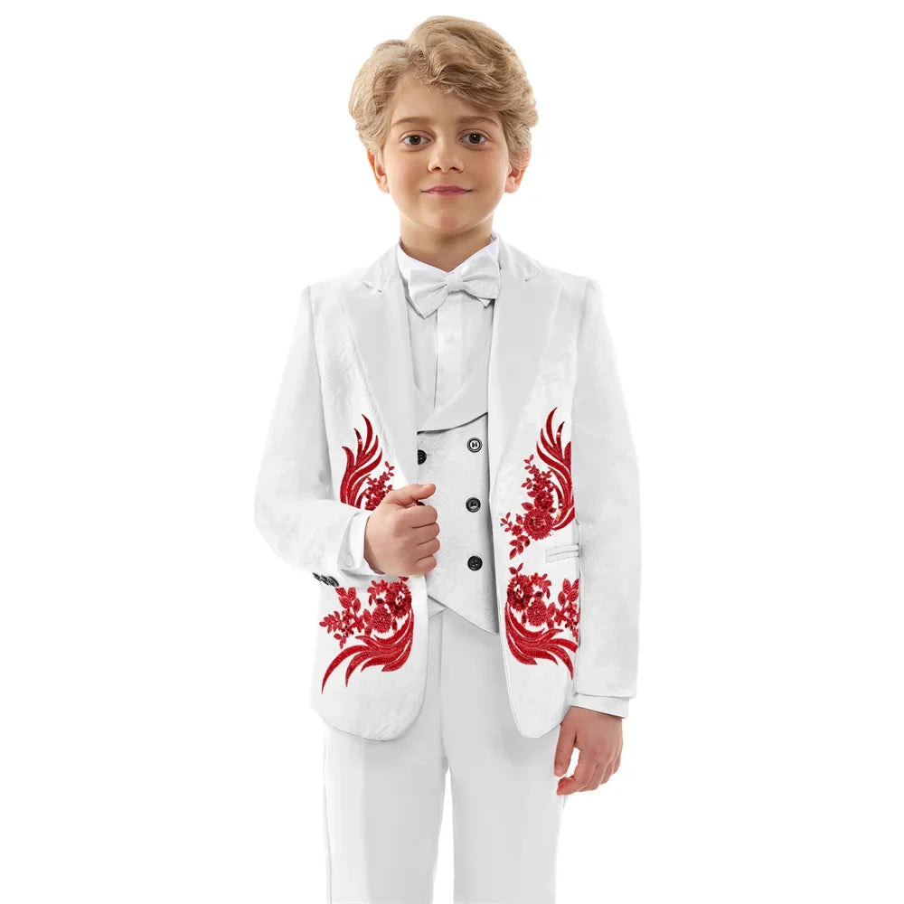 Luxurious Beaded Appliques Suit Set 4 Pieces For Boys Jacquard Kids Suits Performance Costumes Handsome Party Tuxedo