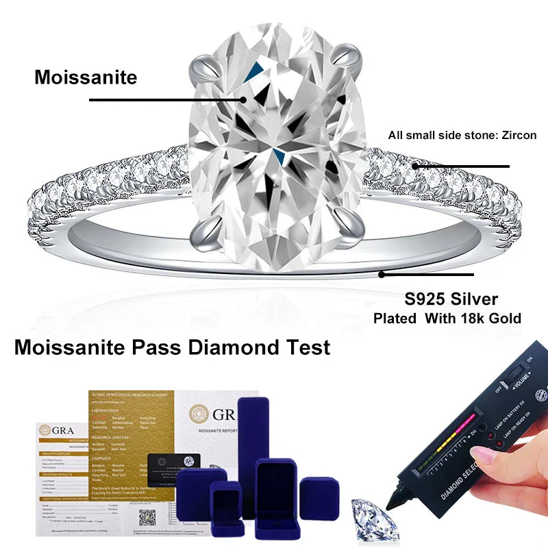 3ct Oval Cut Moissanite Lab Diamond Rings for Women 925 Sterling Silver Proposal Ring Wedding Engagement Band Jewelry