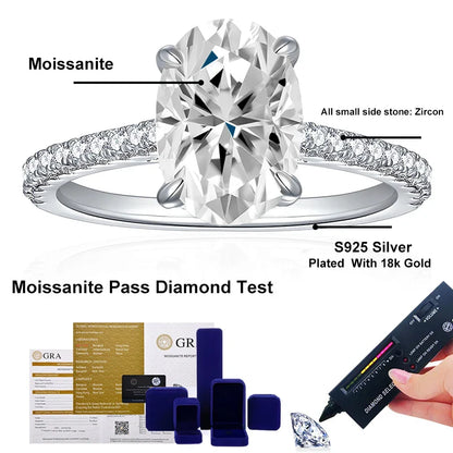 3ct Oval Cut Moissanite Lab Diamond Rings for Women 925 Sterling Silver Proposal Ring Wedding Engagement Band Jewelry