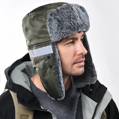 Men's Outdoor Fleece-Lined Thick Warm Reflective Strip Lei Feng Hat with Removable Mask Ear Flap Bomber Hat Winter Pilot Cap