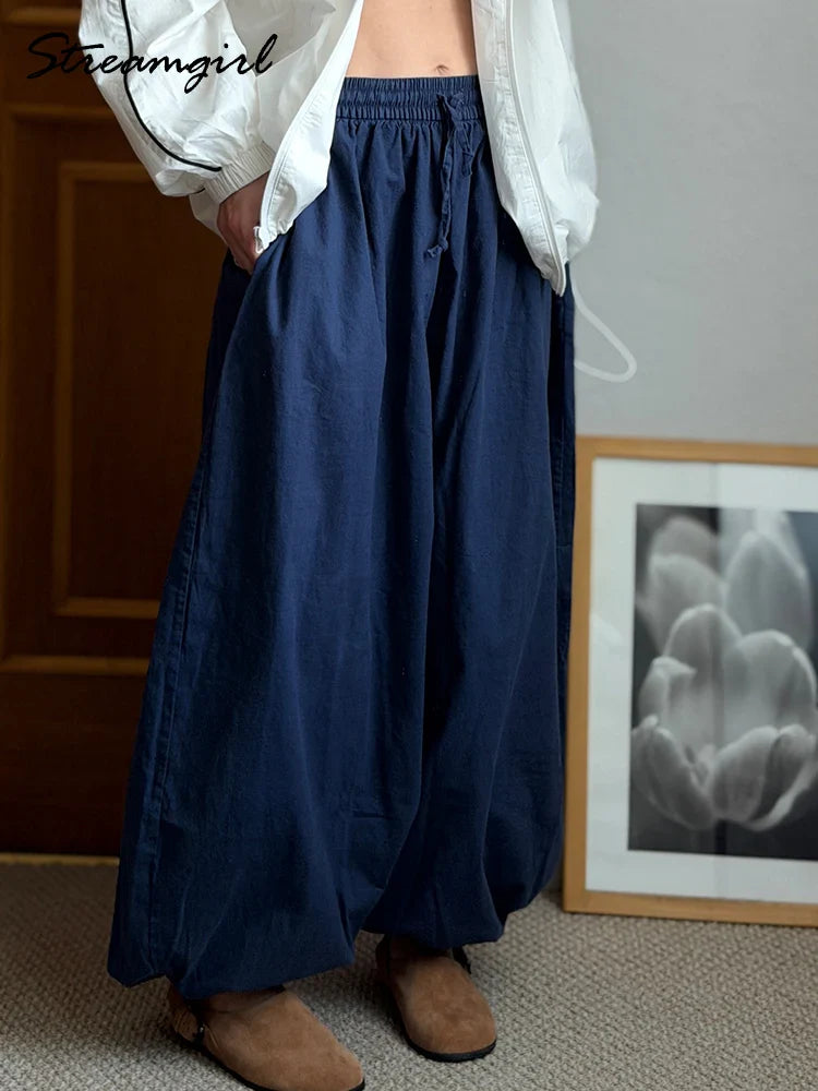 Summer Cotton Oversized Pants For Women Blue Baggy Aladdin Trousers Elastic Bloomers Navy Blue Cropped Lantern Harem Pants Woman