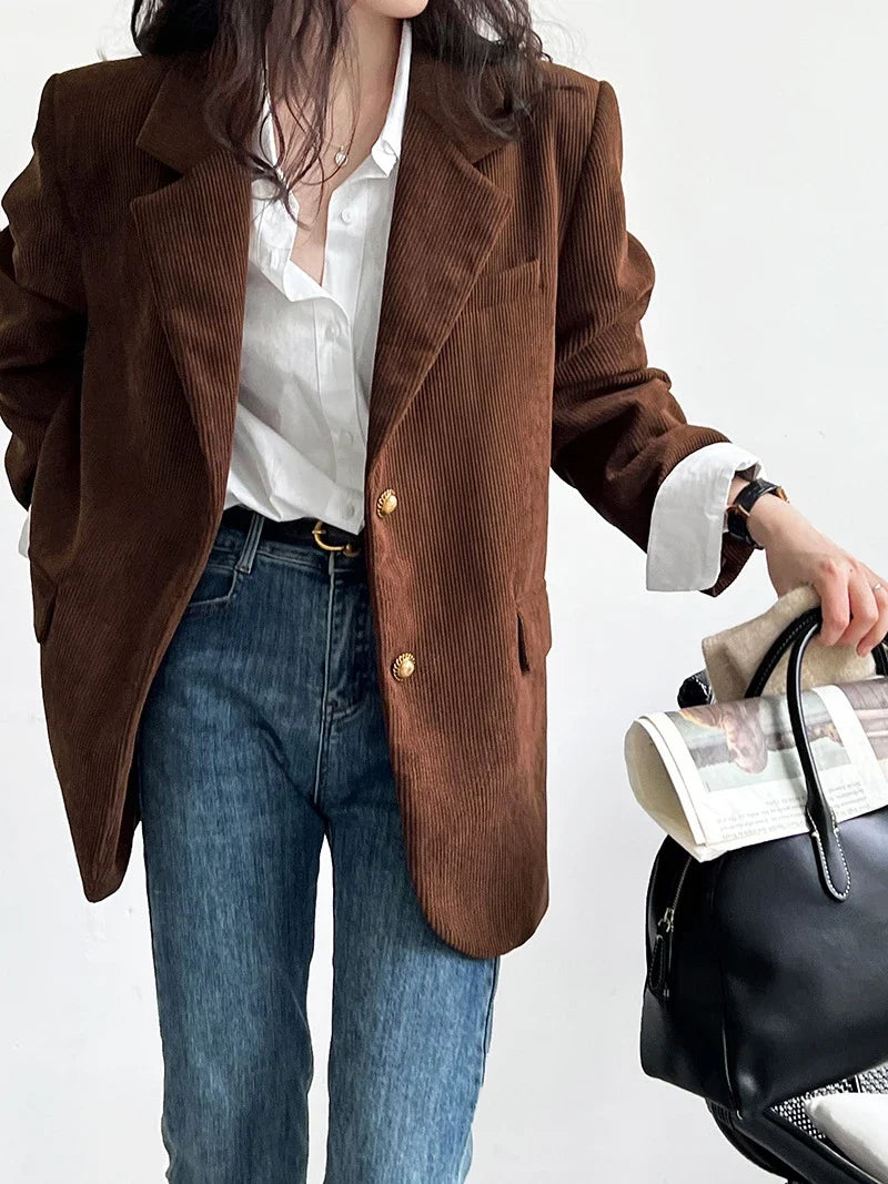 Brown Corduroy Suit Jackets Women's Spring New Fashion Loose Casual Blazers Notched Collar Single Breasted Pockets Female Tops