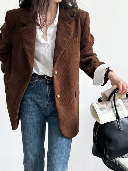Brown Corduroy Suit Jackets Women's Spring New Fashion Loose Casual Blazers Notched Collar Single Breasted Pockets Female Tops