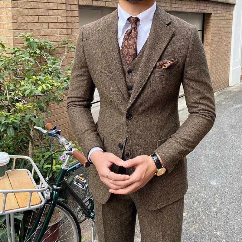 New Retro Herringbone Slim Fit Men's Suit Gentlemen's 3-piece Suit Single Breasted Handsome Autumn Winter Business Casual Formal