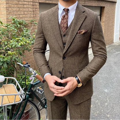 New Retro Herringbone Slim Fit Men's Suit Gentlemen's 3-piece Suit Single Breasted Handsome Autumn Winter Business Casual Formal