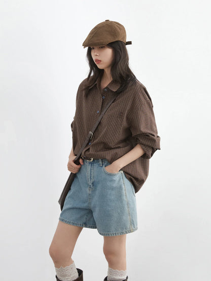 Women Shirt Loose Casual Single-breasted New Retro Contrast Plaid Embroidered Blouses Female Top Autumn Winter 2026