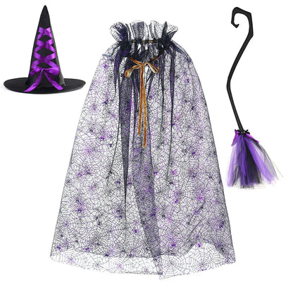Halloween Witch Cloak Set Spider Web Sheer Mesh Cape Hat and Broom Set for Kids Boys Girls Appliques Feathers Animal