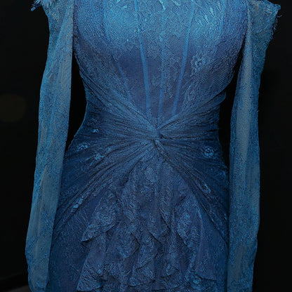 Said Luxury Blue Lace Evening Dress Saudi Arabia Elegant Off Shoulder Wedding Guest Gowns Formal Party Dress SF519 Custom