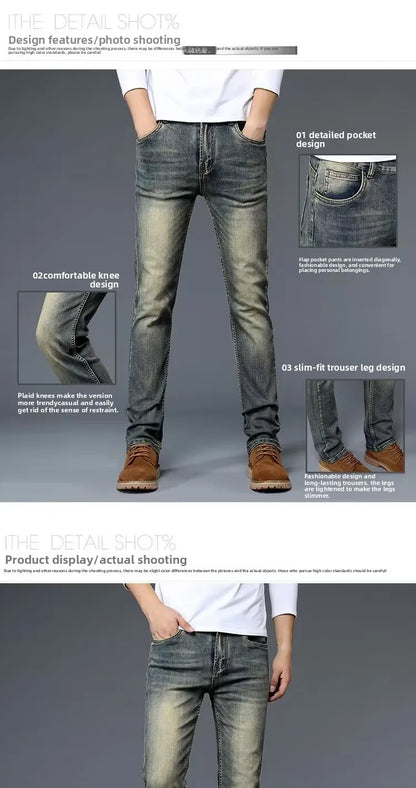 High-End Retro Men's Straight Leg Stretchy Jeans Fashionable Urban Casual Long Trousers Spring Autumn Cotton Stretch Denim