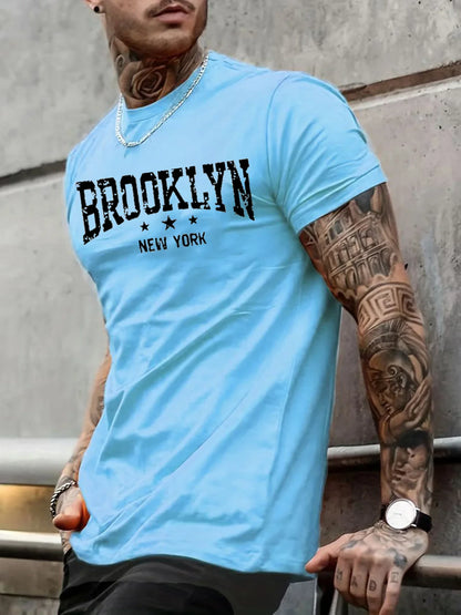 Men's 100% pure cotton summer casual loose Brooklyn New York letter printed comfortable round neck short sleeved T-shirt top