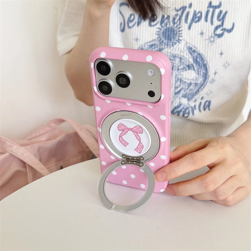 Pink Polka Dot Bow Phone Case For iPhone 17 16 15 Pro Max Cute Soft Shockproof Cover With 360°  Ring Stand Camera Protect