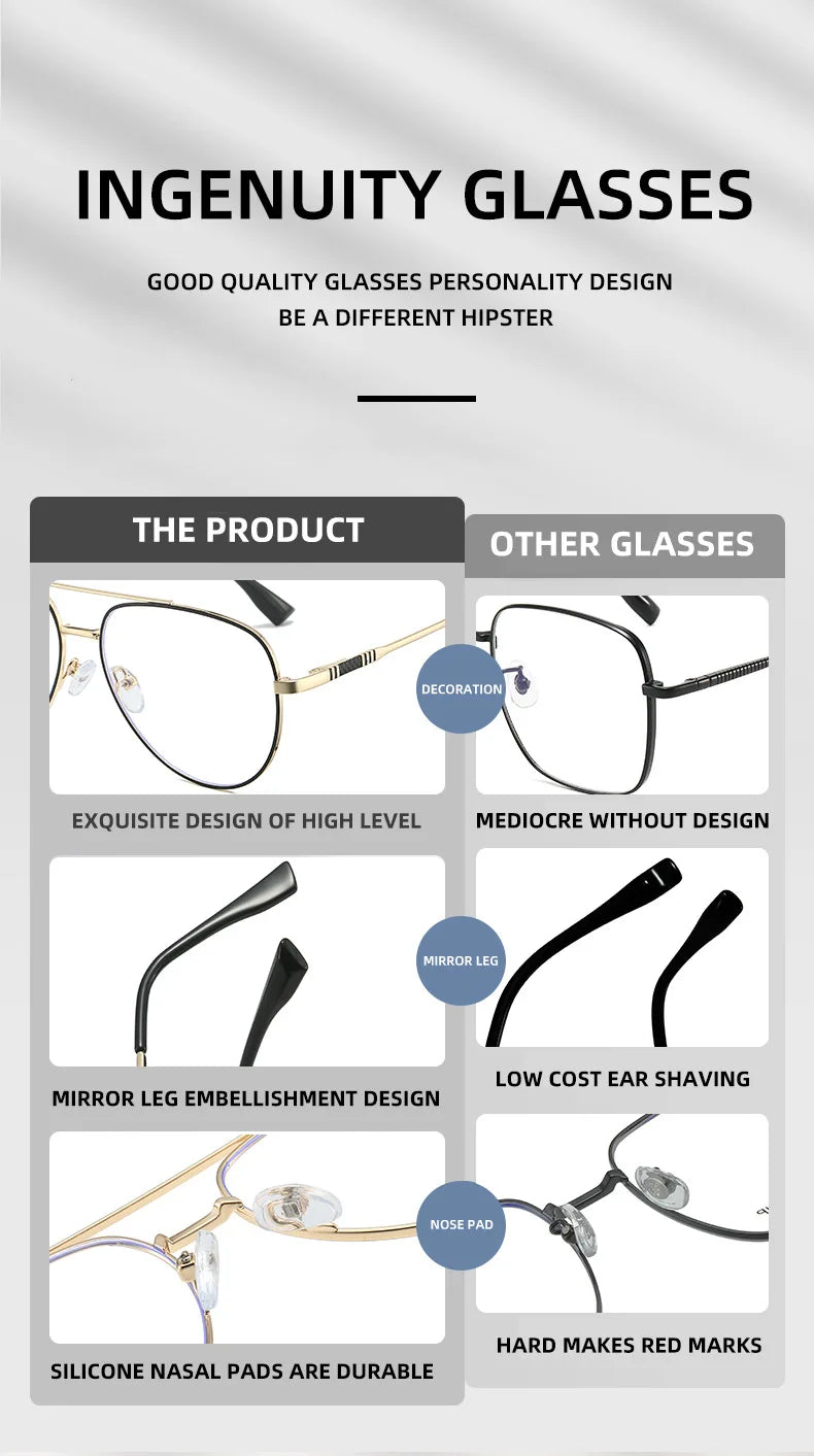 Double Bridge Anti-Blue Light Reading Glasses Men's Metal Pilot Style Leisure Travel Customized Prescription Myopia RS6912