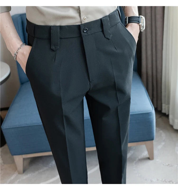 Elastic Waist Solid Color Suit Pants Men Formal Slim Fit Business Casual Trouser High Quality Social Wedding Fashion Dress Pant