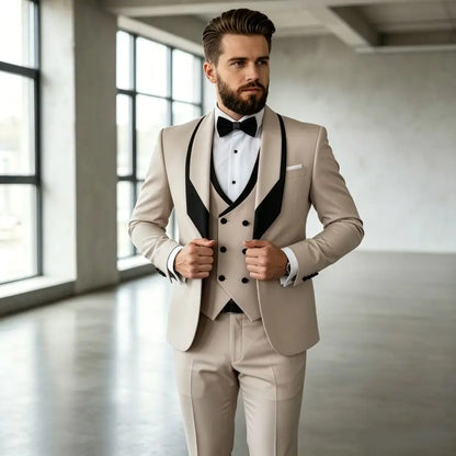 3 Pieces Men's Slim Fit Wedding Tuxedo Beige Groom Prom Dinner Blazer Vest Pants Set Classic Business Formal Suit for Men