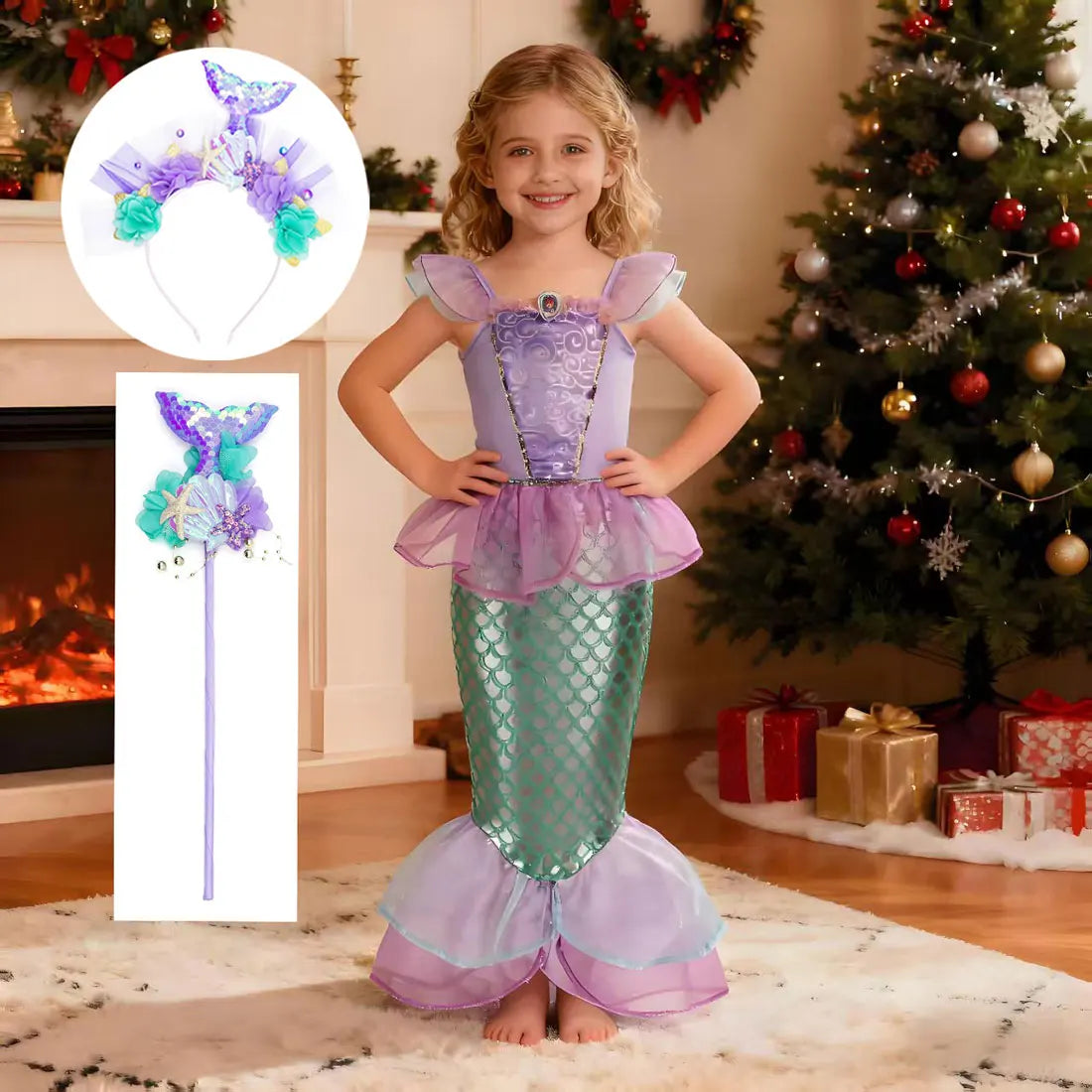 Kid Purple Mermaid Dress Princess Costume Perform Clothes Baby Girl Birthday Party Christmas Cosplay Dress Suit for Girls