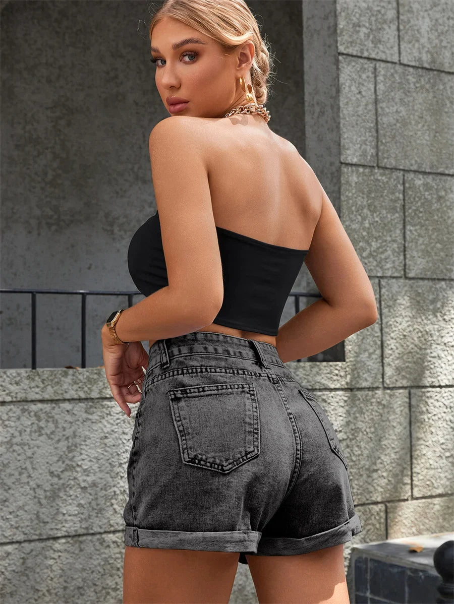 Zipper Fly Roll Up Hem Denim Shorts Women Fashion Summer High Waist Pockets Female Straight Leg Jean Shorts For Woman