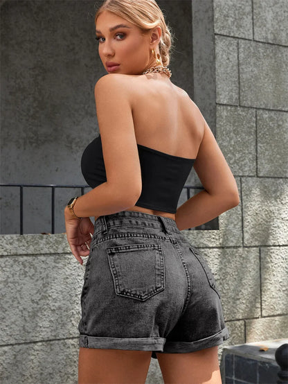 Zipper Fly Roll Up Hem Denim Shorts Women Fashion Summer High Waist Pockets Female Straight Leg Jean Shorts For Woman