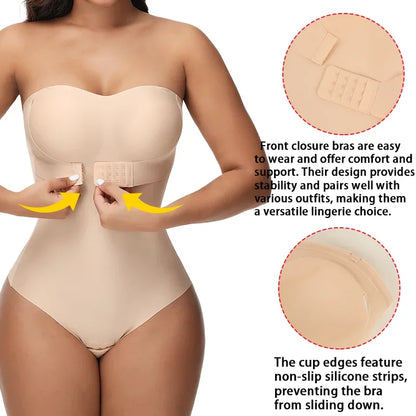 Women Sexy Removable Strap Body Shaper S-4XL Padded Bra Front Closure Hipster Bodysuit Tummy Control Shapewear Thong