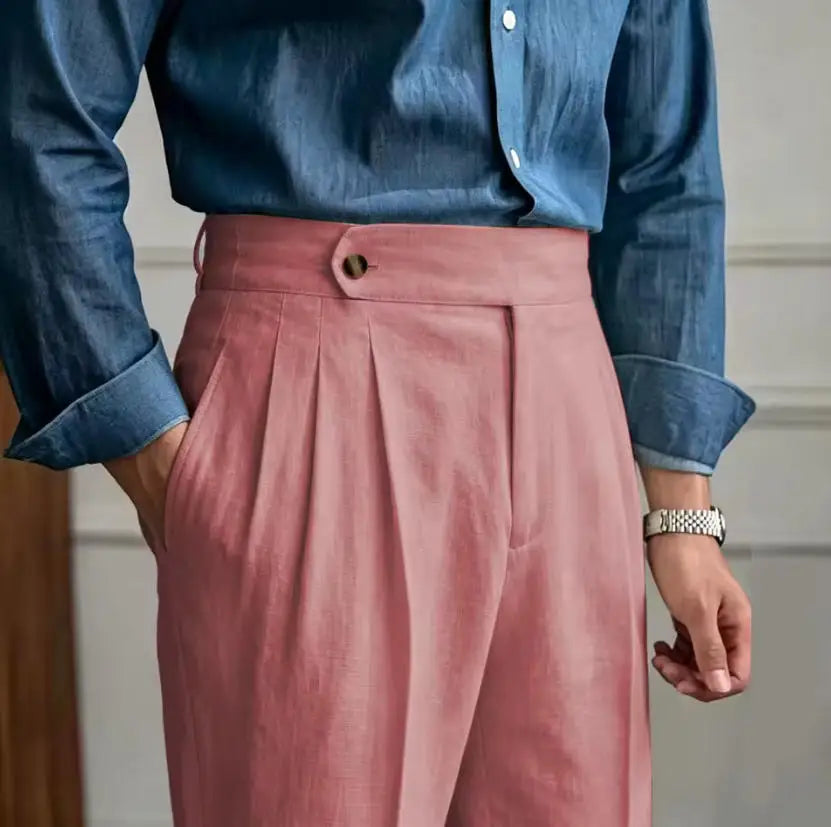 Classic Linen Men Suit Trousers Italian Naples Style Pleated Street Wear Summer Trendy High Waist Pants Male Business Office