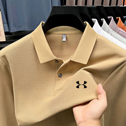 Men's brand polo shirt letter printed long sleeved top spring new 100% cotton casual sports breathable lapel fashionable T-shirt