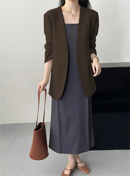 Fashion New Solid Casual Joker Women's Blazer Spring Autumn No Placket Cardigan Suit Jackets V-neck Long Sleeve 19-Color Coats