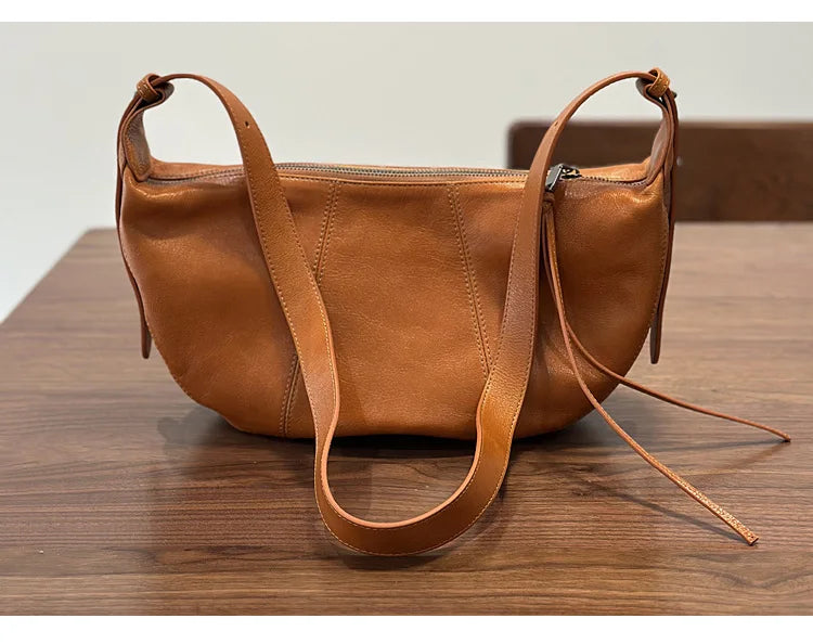2026 New Genuine Leather Women's Bag Casual Solid Color Versatile Saddle Bag Soft Cowhide Shoulder Crossbody Bags