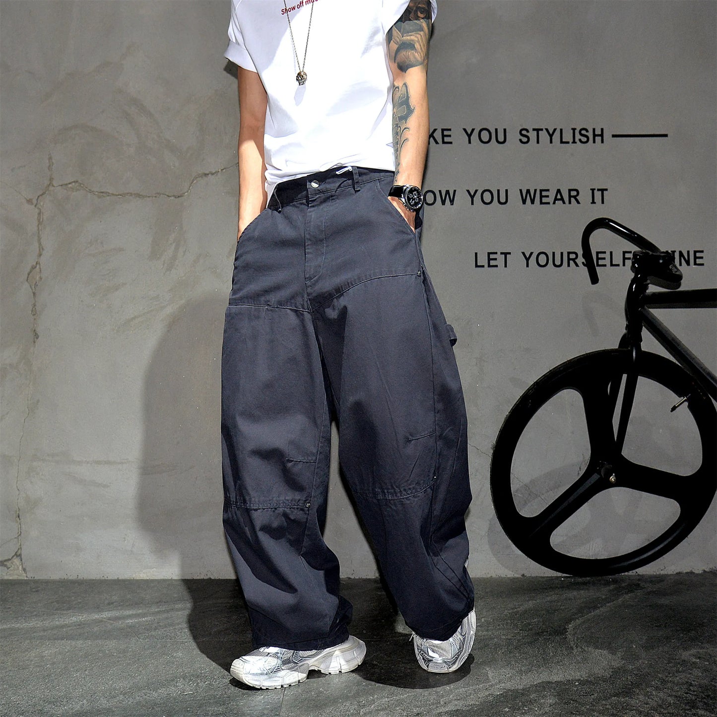 Mens Cargo Pants American Trendy Solid Black Cotton Heavyweight Wide Leg Loose Straight Streetwear Casual High Quality Pants