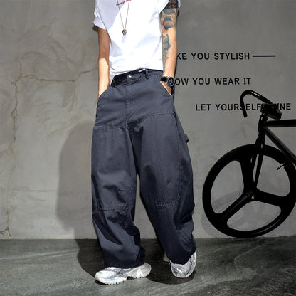 Mens Cargo Pants American Trendy Solid Black Cotton Heavyweight Wide Leg Loose Straight Streetwear Casual High Quality Pants