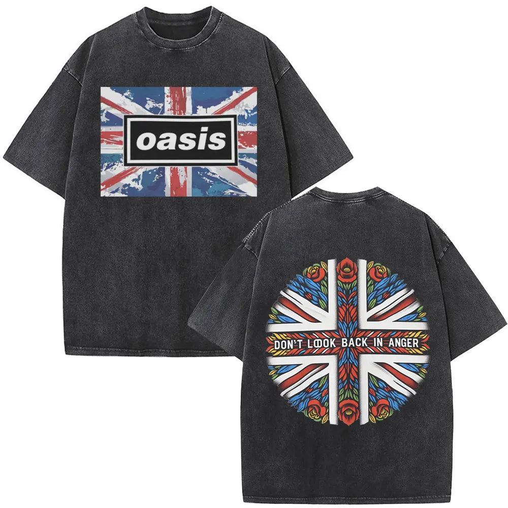 O-Oasis T-Shirts British Rock Band Vintage Washed T-shirt Men Women Clothing Cotton Casual Short Sleeve T Shirts Tops Streetwear