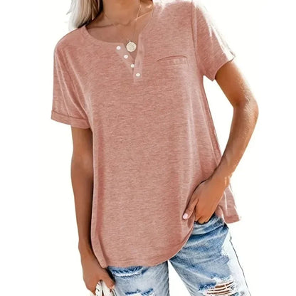 Plus Size 1XL-5XL Women's Spring and Summer New Style Loose Tops Ladies Casual V-neck Short Sleeve Pocket T-shirt