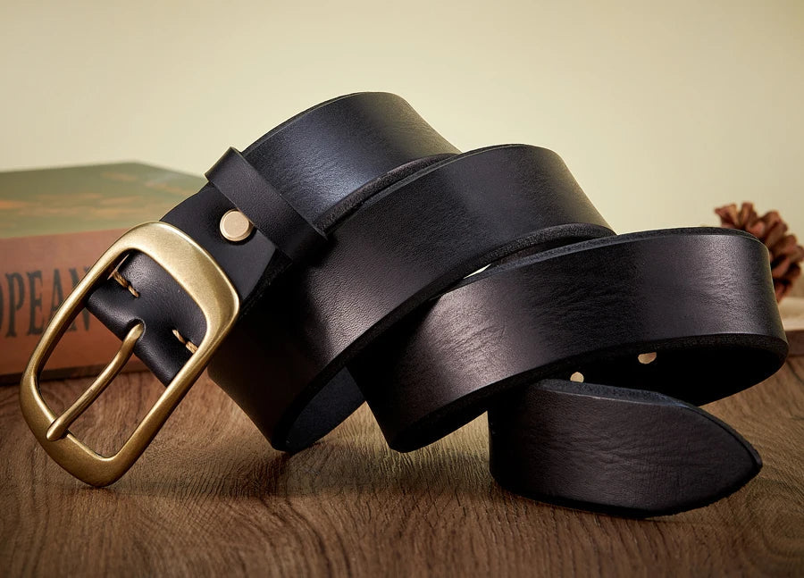 3.8 CM High Quality Pure Cowhide Thick Real Genuine Leather Men's Fashion Brass Buckle Belts Luxury Brand Jeans Belts for Men