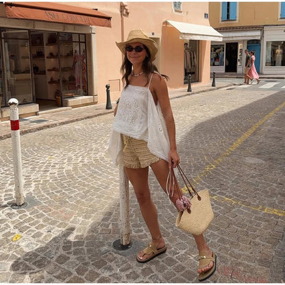 Thin Strap Square Neck Hollow Embroidery Women Cami Top Back Self Tie String Irregular Asymmetrical Lace Hem Loose Cropped Tank