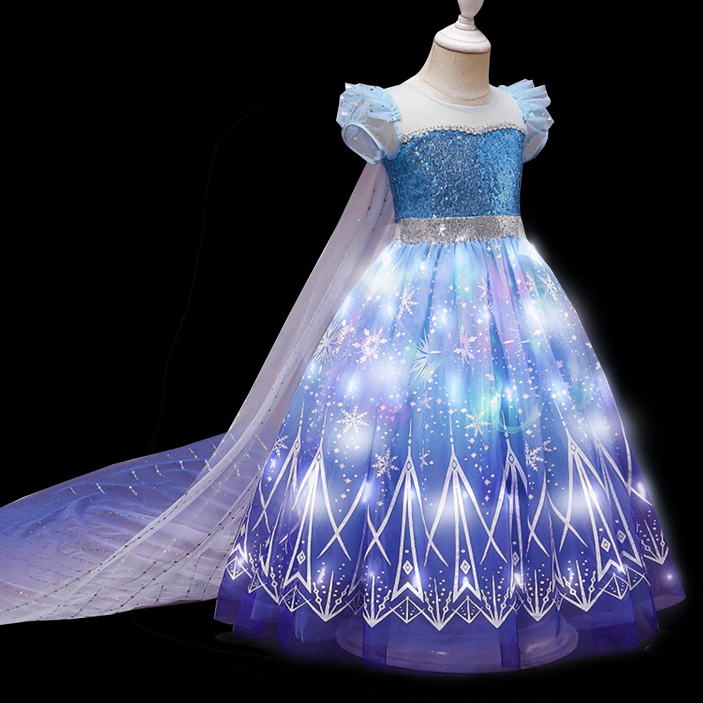 Kids Copslay Elsa LED Light Up Costume Girls Birthday Party Role Playing Princess Dress with Cape Fancy Carnival Halloween Dress