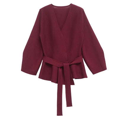 Spring Women Shoulder Pad Belt Knit Blazer Women Retro V-neck Long Sleeve Versatile Female Coat Women Clothes 9598/128