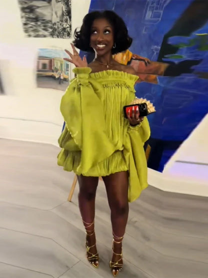 Lime Green Off-shoulder Pleated Short Dress Chic Smocked Waist Bubble Vistidos Women's Tiered Full Sleeve Beach Club Party Gown