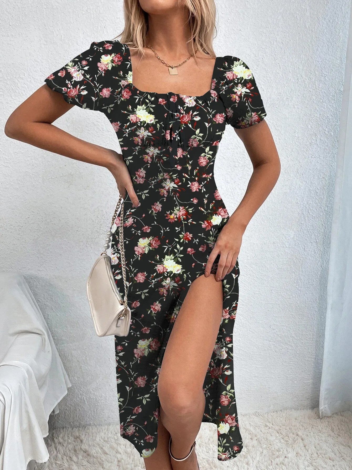 Women's Boho Curvy Holiday Outfits Frenchy Style Ditsy Floral Print Ruched Split Thigh Milkmaid Puff Sleeve Square Neck Dress