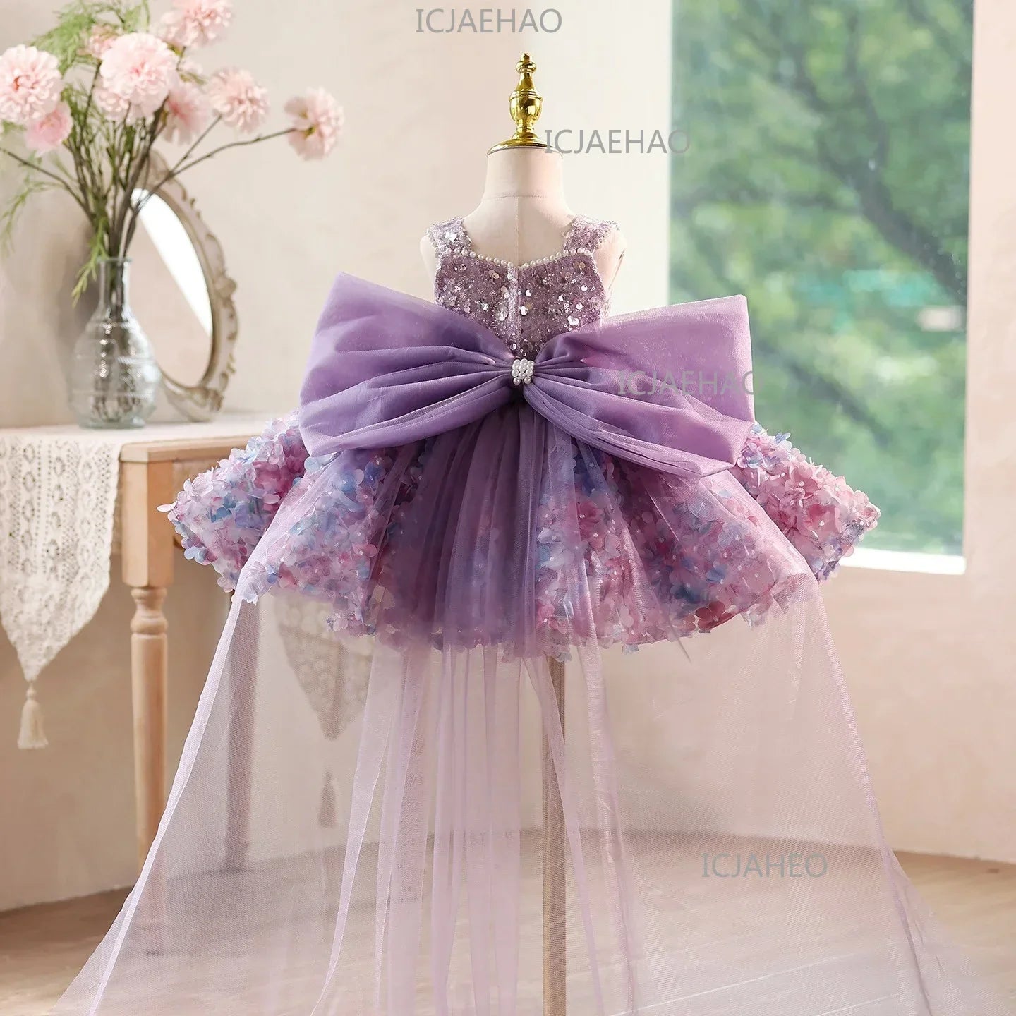 2026 Cute Sweet Purple Children Sleeveless Kids Host Princess Gown Costume Girls Birthday Party Dress Summer New Fashion Floral