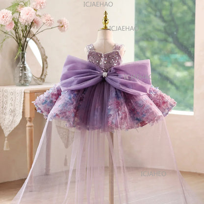 2026 Cute Sweet Purple Children Sleeveless Kids Host Princess Gown Costume Girls Birthday Party Dress Summer New Fashion Floral