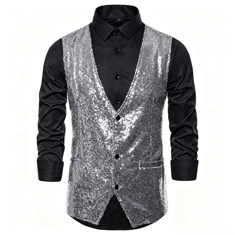 Shiny Sequin Men's V Neck Vest Single Breasted Suit Gilet Waistcoat for Wedding Prom Party Club Nightclub DJ Stage Performance