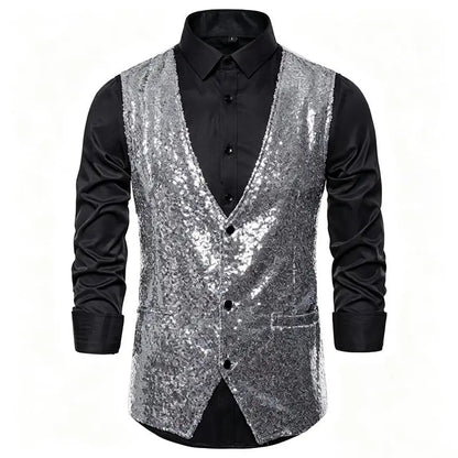 Shiny Sequin Men's V Neck Vest Single Breasted Suit Gilet Waistcoat for Wedding Prom Party Club Nightclub DJ Stage Performance