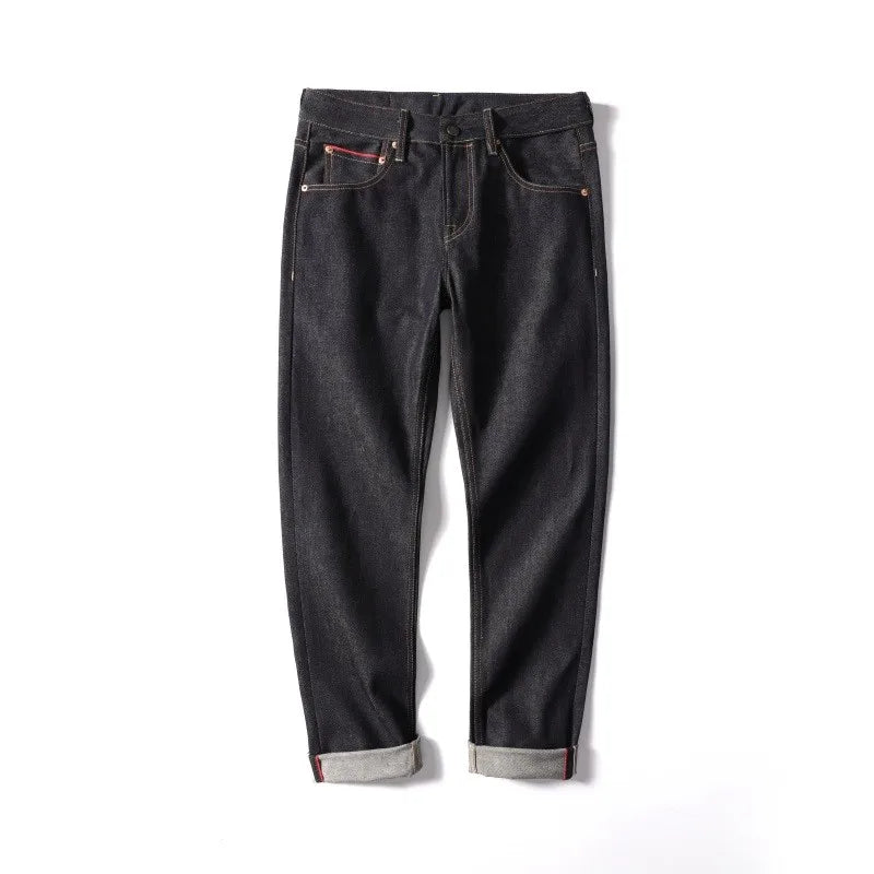 Men's Japanese Handmade Embroidered Jeans Pure Cotton Straight Tube Hip-Hop Popular Slim Red Ears Show Thin Trousers Devil Black