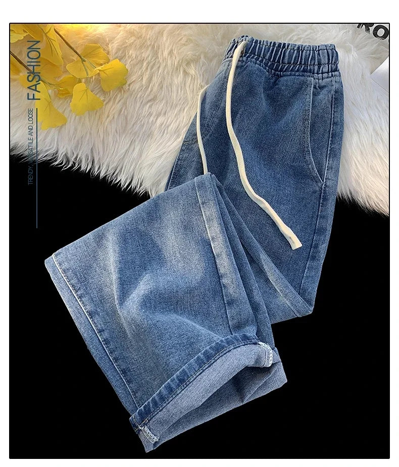 Casual Jeans Men's Baggy Straight Elastic Waist Drawstring Korea Fashion Male Vintage Denim Trousers Streetwear 3XL