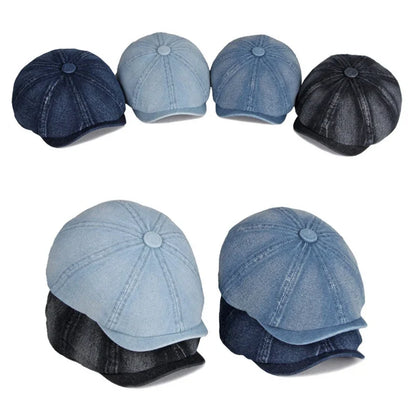Men's Octagonal Hat Casual Solid Eight-blade Berets Washed Denim Newsboy Cap Women Painters Hat Peaked Herringbone Flat Cap