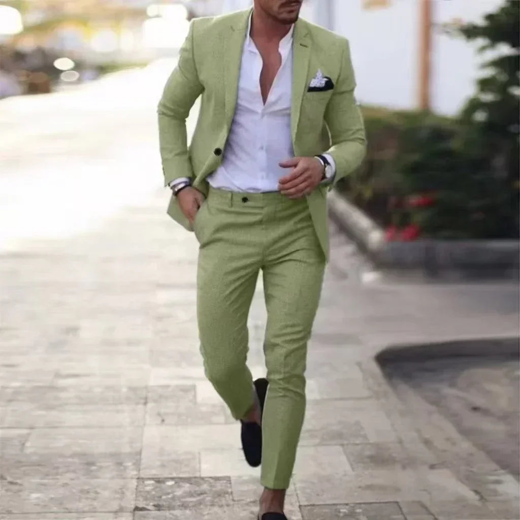 Casual Linen Tuxedo Suits for Men 2 Pieces Blazer and Pants Set Notched Lapel Men's Suit for Wedding Summer Beach Prom Party