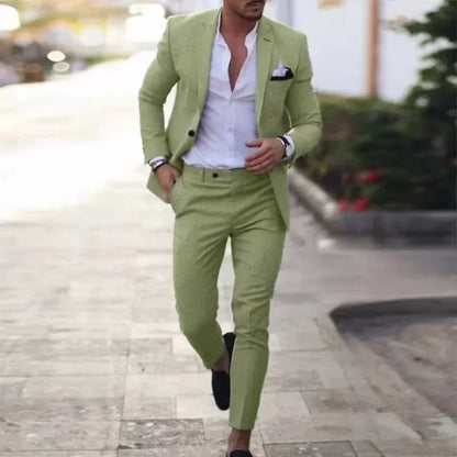 Casual Linen Tuxedo Suits for Men 2 Pieces Blazer and Pants Set Notched Lapel Men's Suit for Wedding Summer Beach Prom Party