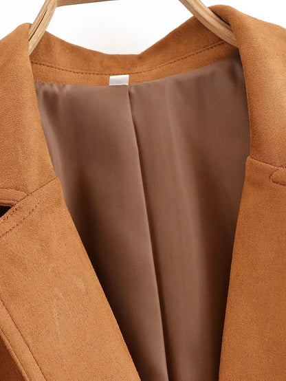 Office Lady Suede Blazer V Neck Sashes Long Pockets Blazer Fashion 2025 Fall Streetwear Outwear Winter Thick Coats