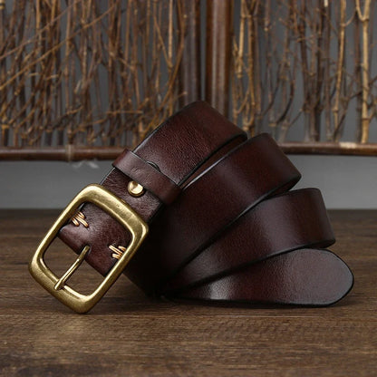 3.3CM Men's Genuine Leather Belt Luxury Designer Brass Pin Buckle Belts Pure Cowskin Vintage Strap Male Jeans for Man Women