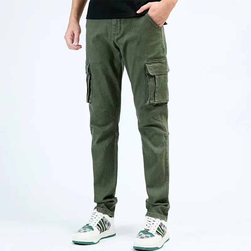 Men's Street Style Elastic Waist Denim Cargo Pants Solid Color Washed Slim Fit Casual Jeans with Multiple Pockets for Daily Wear