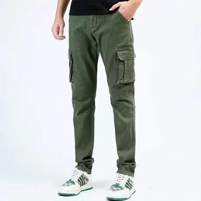 Men's Street Style Elastic Waist Denim Cargo Pants Solid Color Washed Slim Fit Casual Jeans with Multiple Pockets for Daily Wear